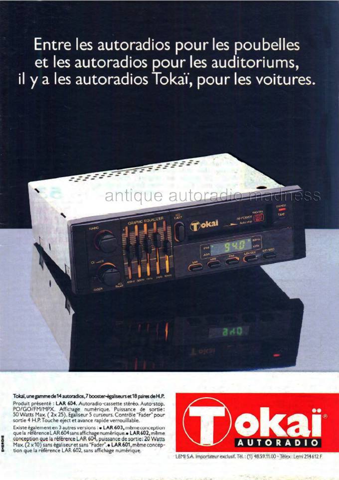 Publicité vintage françaiseTOKAI car stereo - 1989 - Modèles LAR 604, LAR 603, LAR 602 et LAR 601