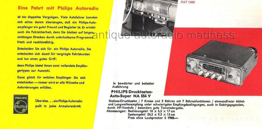 Old PHILIPS car radio catalog year 1956: model NA 554 V (FIAT 1400)