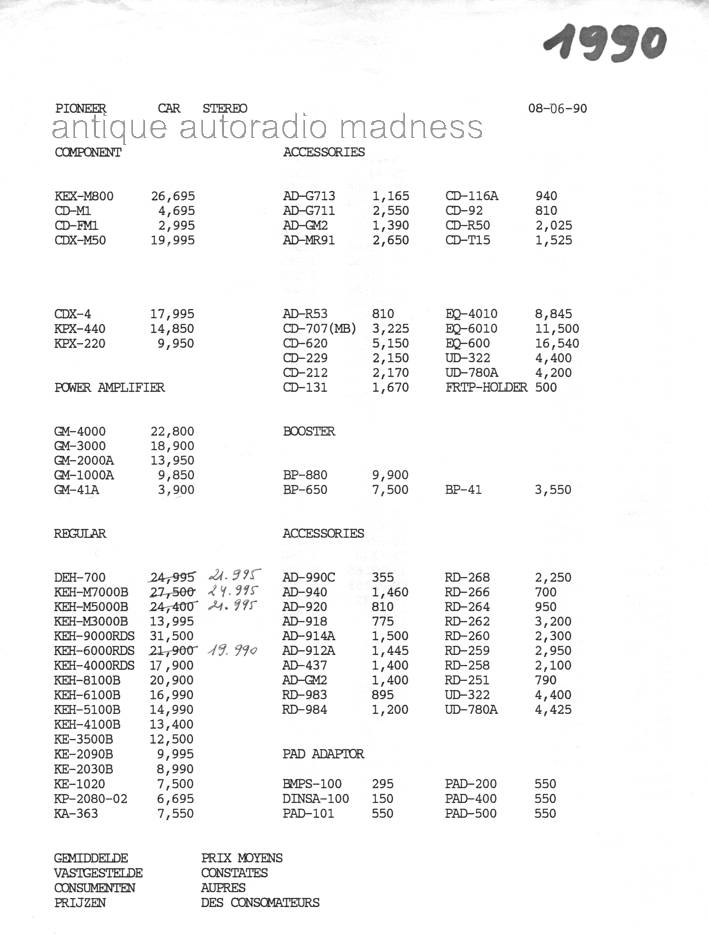 Ancien tarif PIONEER car audio (Belgique Fr) anne 1990 - 1