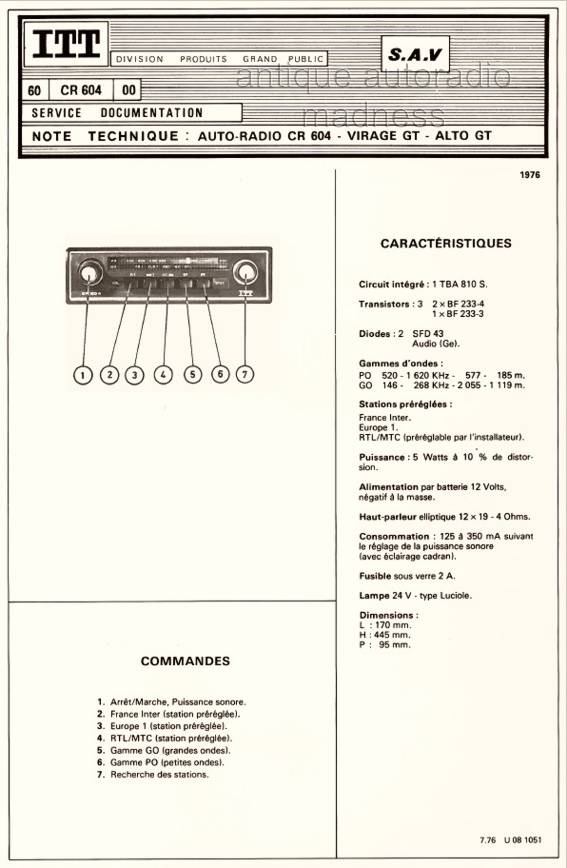 Ancien autoradio ITT Oceanic: Doc. technique CR 604 - 1976