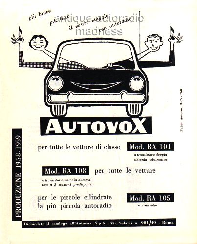 Stampa media pubblicit� autoradio modello AUTOVOX RA 101, RA 108, RA 105 (1959)