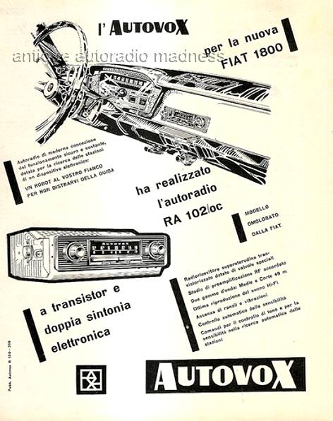 Stampa media pubblicit� autoradio modello AUTOVOX RA 102/OC per la FIAT 1800 (1959)