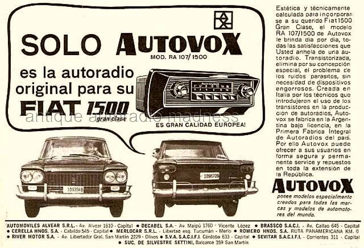 Stampa media pubblicit� autoradio modello Autovox RA 107/1500 - FIAT 1500 - (1960)