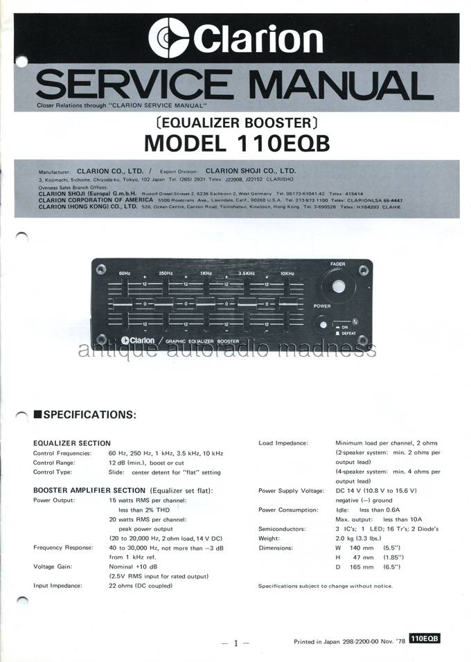 CLARION car stereo -  Technical infos - Year 1977 - RE-378A.B.K.MCLARION car stereo -  Technical infos - Year 1978 - 110EQB