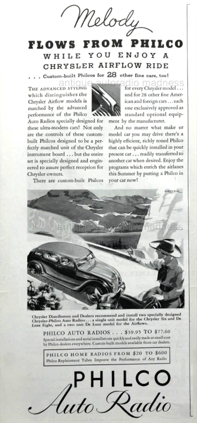Old-school PHILCO adv. year 1936 - Custom-built for Chrysler Airflow and 28 others fine cars, too !