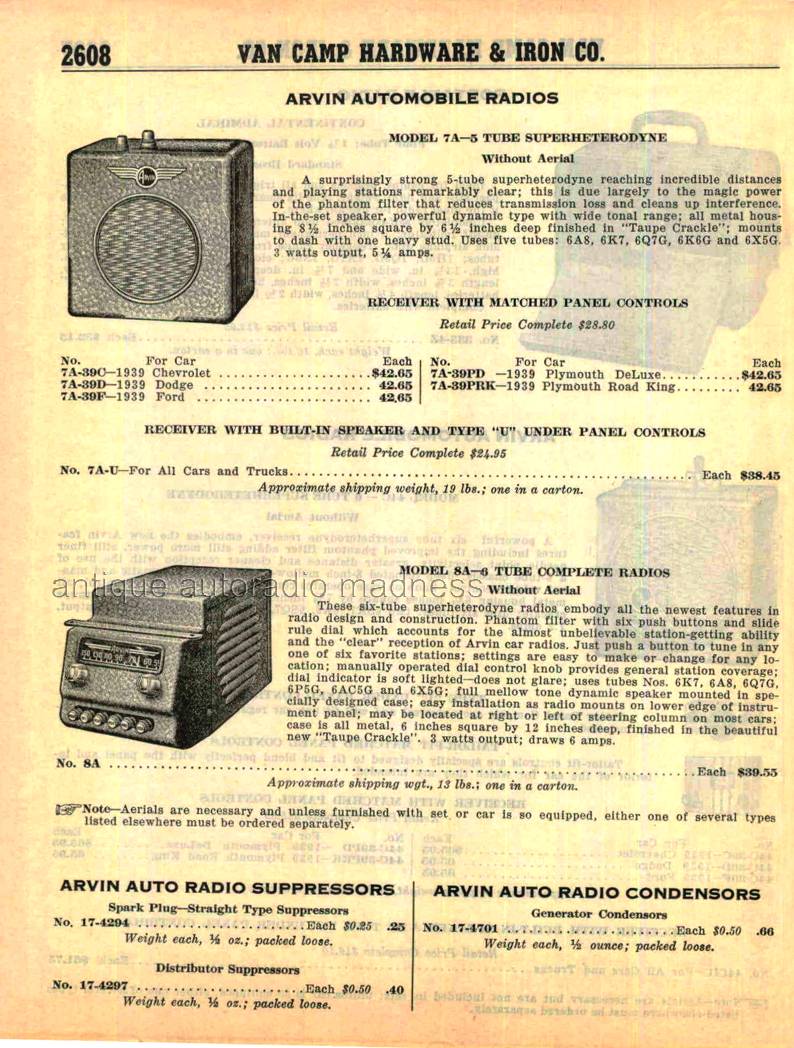 Vintage ARVIN car radio (1939) - models 7A - 8A - Catalog extracts