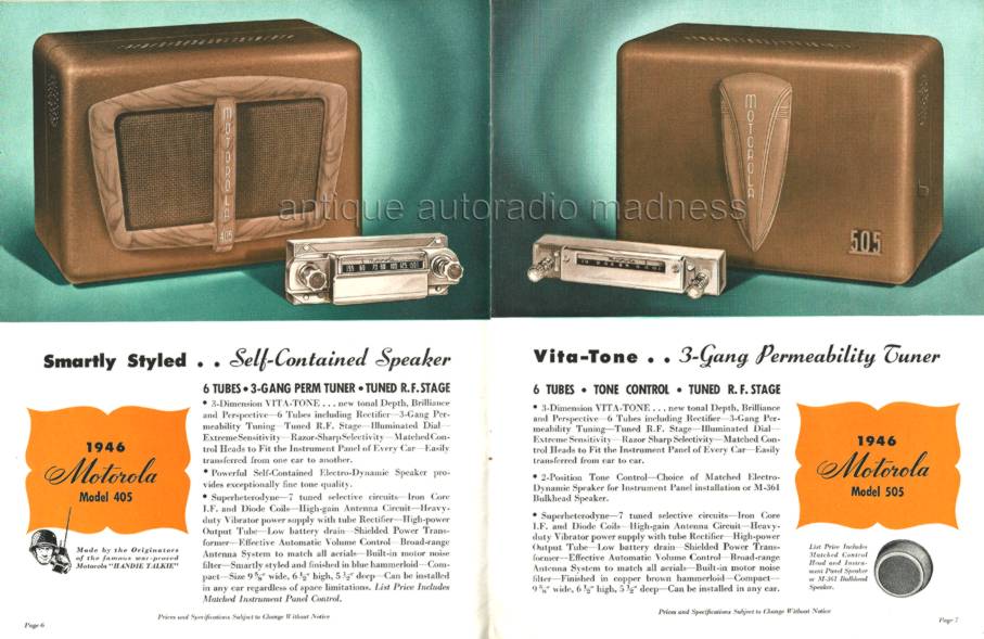 Vintage MOTOROLA auto radio advertising - models 405 - 505 (1946) with custom fit panel control