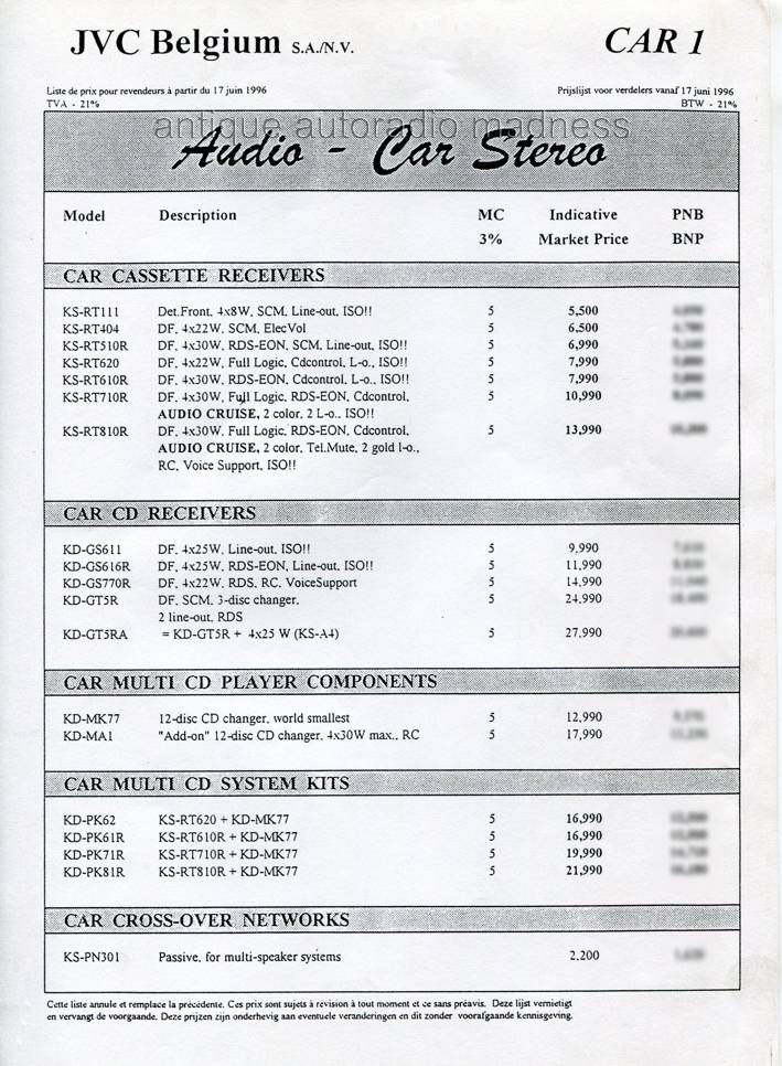Vintage JVC car stereo catalog - year 1996 - Sales price list