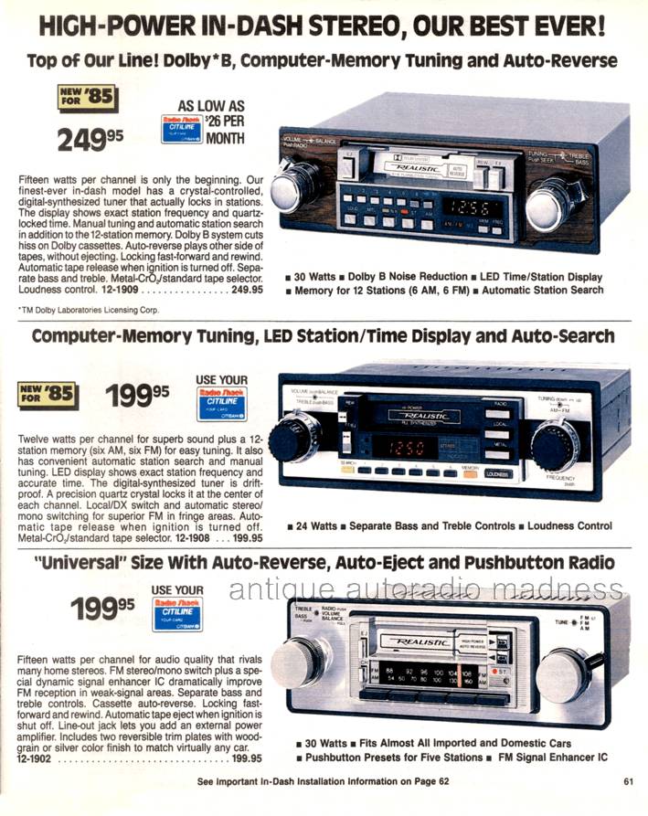 Extraits du Catalogue vintage RadioShack 1985 - p61 - Car stereo